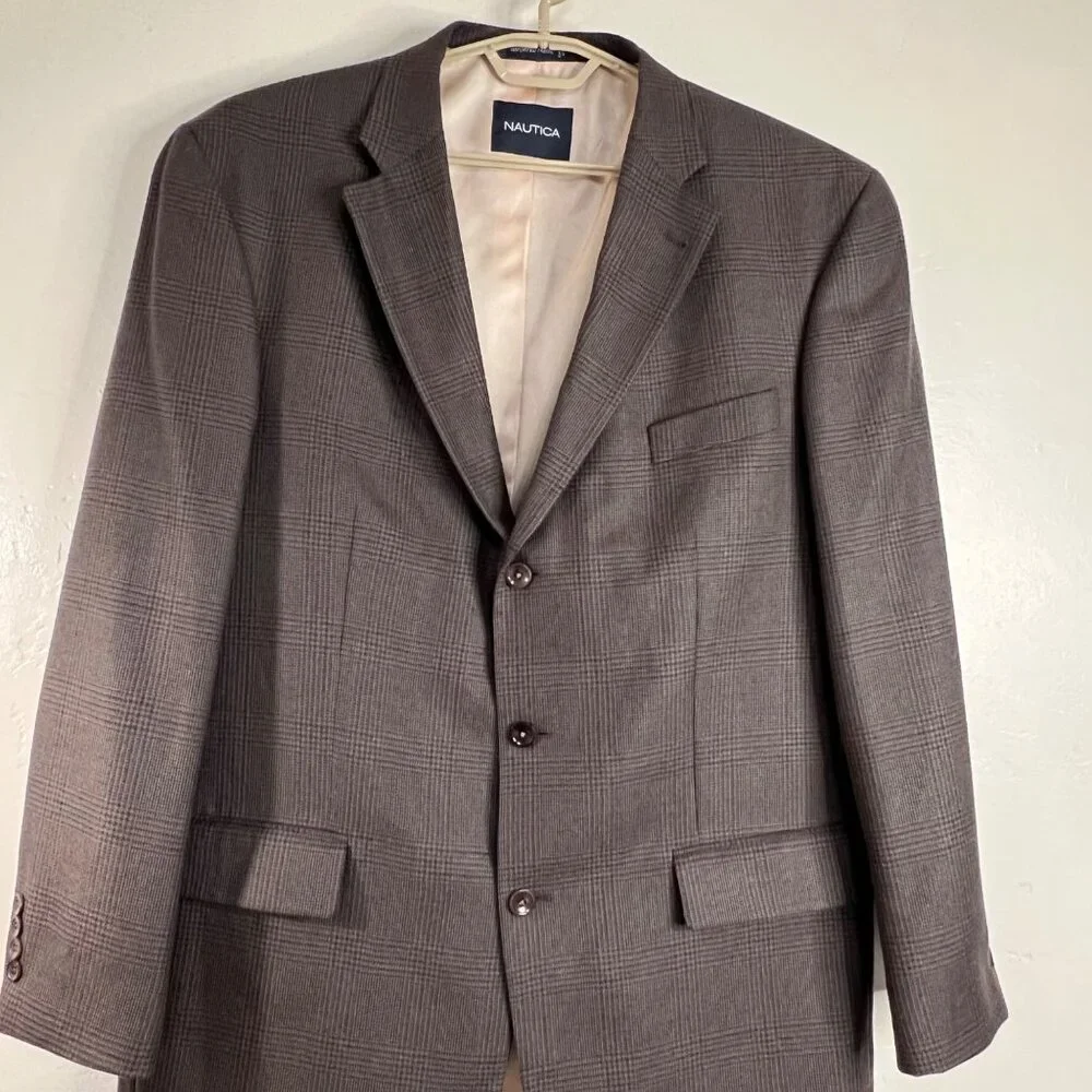 Nautica Mens Gray Tweed Plaid Wool Cashmere Blazer Jacket 46L Superior Tailoring